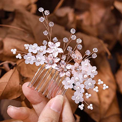 IYOU Nupcial Boda Cristal Peine Perla Flor Fuente Comunión Paseo Princesa Accesorios para el Cabello por Muchachas y Mujeres (Oro rosa)