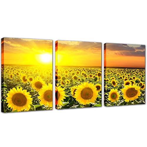 Decoración de lienzo para pared de girasol – para decoración moderna del hogar, juego de 3 piezas de pintura de girasol amarillo para decoración de baño, sala de estar, cocina, 12x16 pulgadas