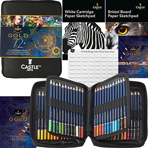 Castle Art Supplies Estuche 72 Lápices Colores Calidad Oro+Accesorios | Minas Color a Base Aceite, Calidad, Aportan Nitidez y Resistencia Roturas | Artistas, Ilustradores | Estuche con Cremallera