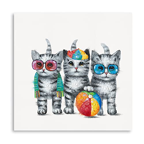 Yidepot Lindo gato sobre lienzo, enmarcado, cuadros de gatos, pequeños y divertidos bebés de gatito, pintura para niñas, dormitorio, baño, listo para colgar (panel de 30 x 30 cm x 1)