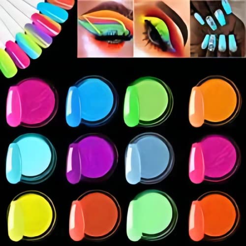 EBANKU Pigmento de Uñas en Polvo, 12 Colores de Uñas de Arte Brillo Fluorescente Luminiscente Polvo Profesional Neon Night Glow Luminescent Pigmento para Bricolaje Decoraciones