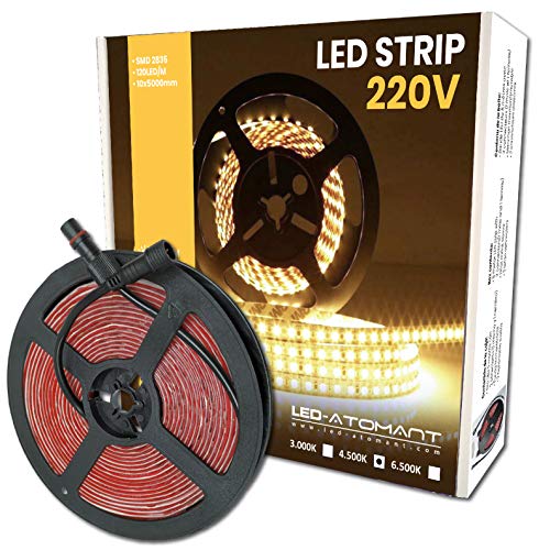 Rollo de 5 metros de Tira de Luz LED Directa a 220v, Color Blanco Neutro (4500K), Impermeable, Corte cada 10cm