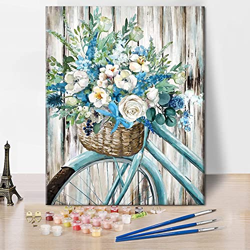 TISHIRON Pintura de flores por números, pintura de flores para bicicleta por números, kit de pintura al óleo colorida, pintura acrílica para adultos, 16x20 pulgadas, sin marco