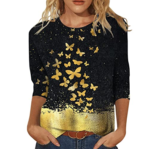 Camisas de Manga de Primavera Tops Blusas 3/4 Casual Cómodo Redondo Cuello para Mujer Blusa Suelta de de Verano para Mujer Camiseta De Seda Mujer Camisetas Dibujos Mujer Camiseta Ve El Ombligo Mujer