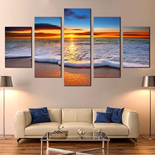 LOLAS Twilight Sunset Canvas Wall Art, Beach Wave Impresión de Lienzo de 5 Piezas, Orange Ocean Sunset Sky Multi Canvas, Hermoso Juego de Lienzo Blue Ocean Beach 200 x 100cm Marco