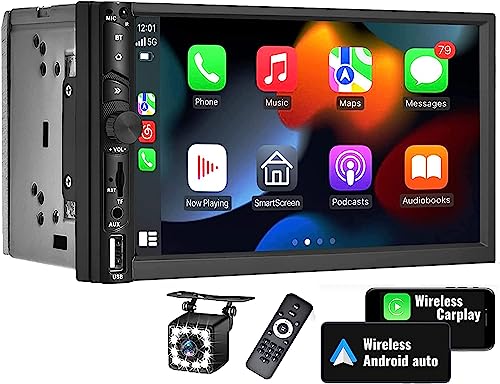 [2023 Upgrade Wireless]CAMECHO Radio Coche 2 DIN Compatible Wireless CarPlay y Android Auto,7 Pulgadas HD Pantalla táctil Reproductor con Mandos del Volante/Bluetooth/FM/USB/AUX/TF/Mirror Link+Camara