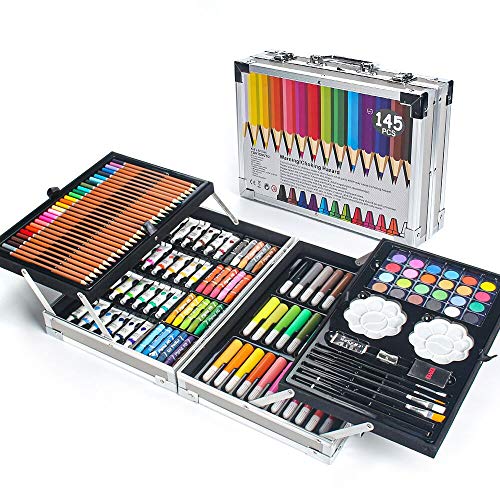 MIAOKE 145 Set de Pintura Niños, Caja de Aluminio Deluxe y kit de Dibujo con Lápices de Colores, Marcadores, Pinturas de Acuarela, Crayones, Lápices HB, Pastel de Acuarela, Pincel, Bloc de Dibujo …