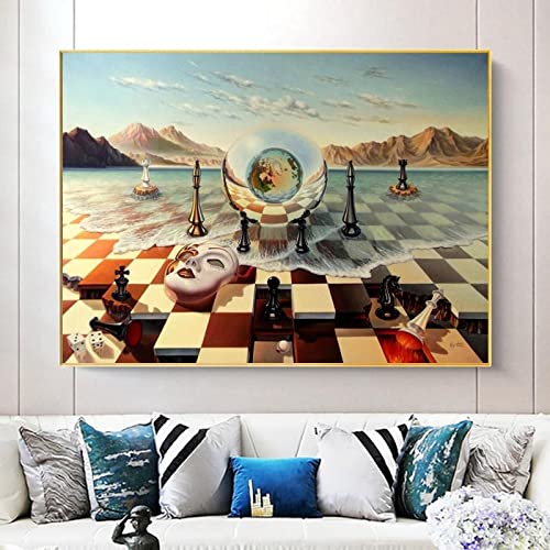 Cuadro en lienzo Salvador Dali Surrealismo Máscara de ajedrez en el mar Impresiones en lienzo Pintura Arte de la pared Cartel extraño abstracto para la decoración de la sala de estar Sin marco60x80cm