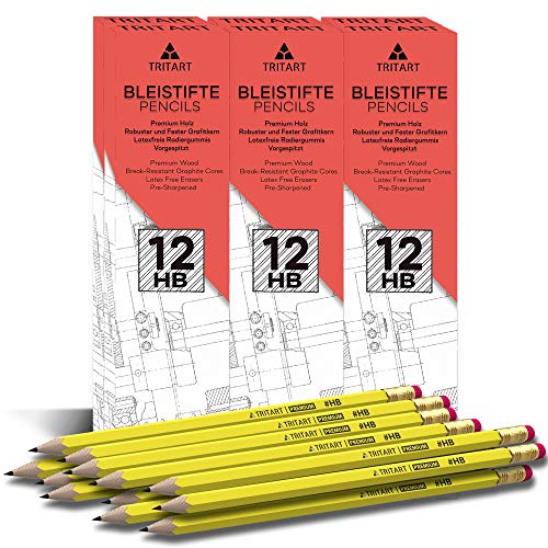 Lápices Tritart I 84 lápices con mina HB + goma de borrar I HB lápiz Set con mina afilada para escuela + oficina + esbozo I 7 paquetes de 12 lápices de madera