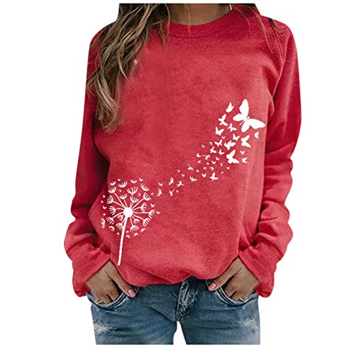 Yowablo Mujeres Casual Manga Larga Impresión O-cuello Tops Camisa Blusa Jersey Blusas Manga Corta para Mujeres Vestidas, rojo, S