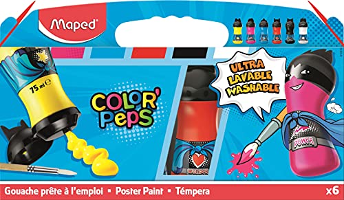 Tempera maped color peps ultra lavable caja de 6 colores surtidos primarios 75 ml