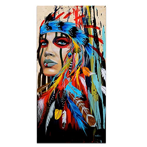 Native American Indian Girl Wall Art Canvas Painting Women Chief with Colorful Feathers Ethnologic Accessories Póster Moderno Imagen Verical Artwork Home Decor para salón, 28x56 Inch Feathers Girl-6
