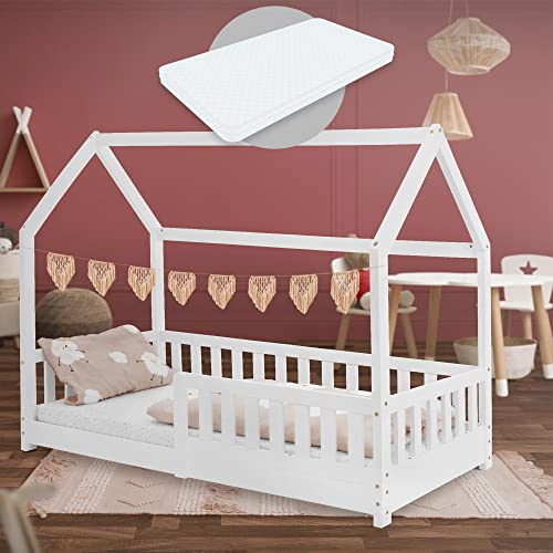 ML-Design Cama Infantil Blanca con Colchón De Espuma Fría 80x160 cm Protección Anticaída Techo Somier Estructura Listones De Madera Maciza Pino para Niñas Y Niños Forma De Casa Cuna Estable Juego