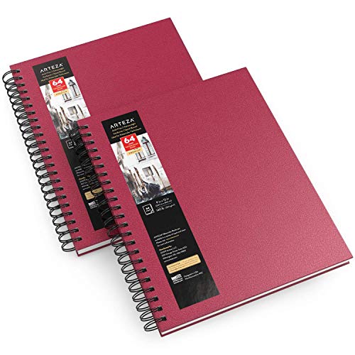 Arteza Cuadernos de acuarela, 9x12” (22,9x30,5 cm), pack 2 diarios tapa dura color rosa, 64 hojas, papel acuarela 300 gsm, bloc espiral, también para gouache, acrílico, lápiz, medios húmedos y secos