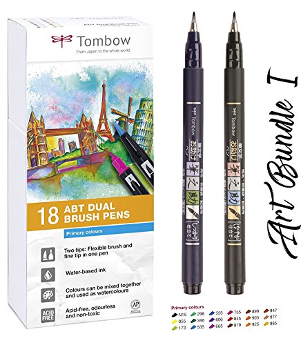 Tombow 18 rotuladores (colores secundarios) Dual Brush Pen con dos puntas + pincel Fudenosuke Brush Pen duro + suave acuarelable, a base de agua, no tóxico, libre de ácidos e inodoro.