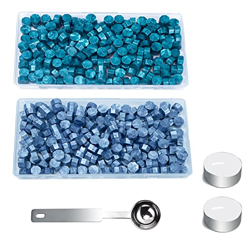 Perlas de Cera,ANBOSE 200 PCS Gris Azul+200 PCS Pato Verde Sellado Perlas de Cera con 1PCS Cuchara para derretir cera y 2 Velas, Kit de Sellado de Cera para Invitaciones de Fiestas