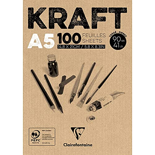 Clairefontaine, 96544C, Bloc de Papel Kraft, 100 Hojas, A5, Papel Verjurado Kraft , Marrón, 14,8 x 21 cm, 90gr, Papel de Doble Cara para Esbozar y Dibujar, Marrón Kraft