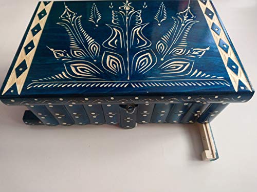 Gigante gran caja de puzzle rompecabezas de color azul, caja mágica joyero tallado en madera con decoración de tesoro de almacenamiento secreto de clave oculta
