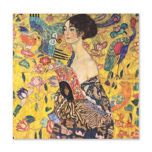 Apcgsm Gustav Klimt Póster. Cuadros de Gustav Klimt Lienzo. Cuadros de pintores famosos. Dama con abanico. Impresión en lienzo. Cuadros Modernos para el hogar 50x50cm(19.7x19.7)Sin marco