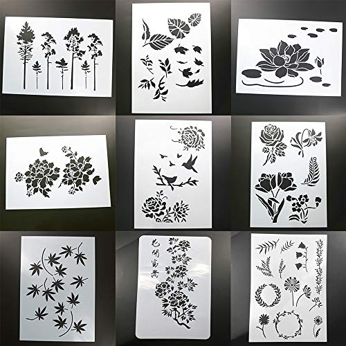 BLUGUL 9pcs A4 Plantillas de Dibujo, para Manualidades Decoración Pared Mueble Ventana Aerógrafo, con Varias Flores y Hojas, árbol Hoja de Arce Peonía Lirio de Agua