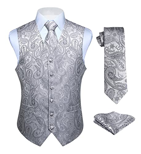 HISDERN Chaleco y corbata de jacquard floral paisley clasico para hombre y traje de chaleco cuadrado de bolsillo gris L