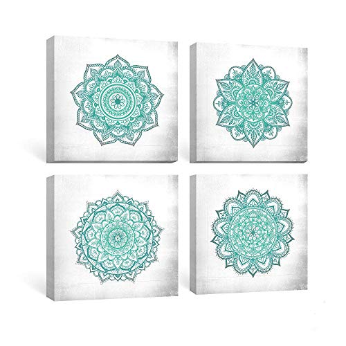 SUMGAR Cuadros en Lienzo Mandalas Decoración Salón Dormitorios Baño con Mural Modernos Boho Ilustraciones Turquesa Flores Impresiones Cuadros Verde Azulado Florales Indios de 30x30cmx4 Piezas