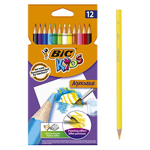 BIC Kids Aquacouleur Lápices Acuarelables Efecto Pintura - colores Surtidos, Blíster de 12 unidades