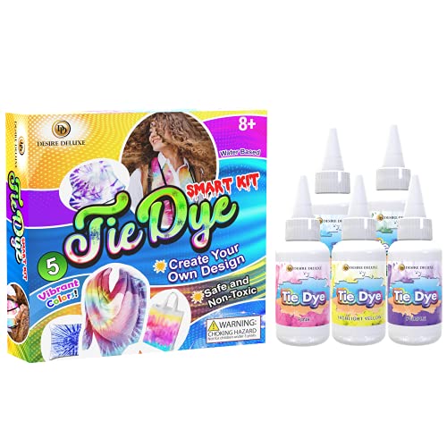 Desire Deluxe Kit de teñido anudado – Juego de 5 colores de pintura para teñir tela, ropa – Creative Art Craft Tie-Dye Kits Actividad para adultos y niños