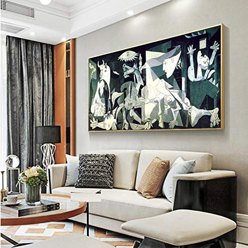 Picasso Guernica - Cuadro en lienzo para decoración del hogar, lienzo en blanco y negro para pared, pósteres impresos, decoración de pared, marco interior (80 x 160 cm)