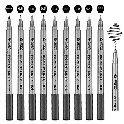 STA 9 bolígrafos fineliner, juego de delineadores de pigmentos impermeables negros 8 anchos de línea y 1 pincel para dibujar, ilustración artista artista, dibujo técnico, a prueba, súper fino