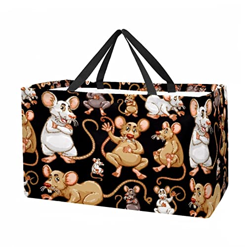 Bolsa de compras reutilizable con diseño de ratones de dibujos animados sobre fondo negro