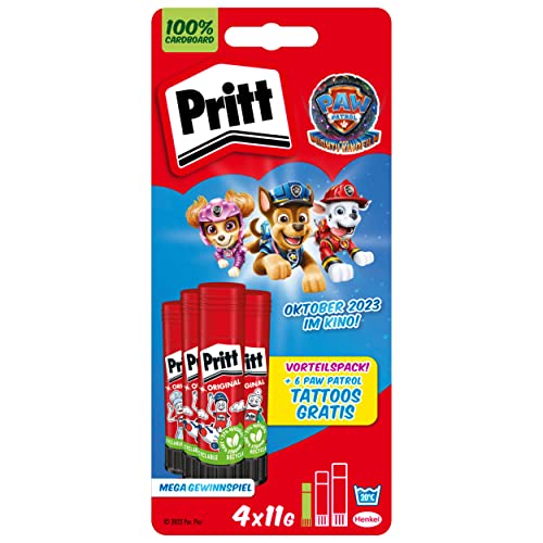 Pritt Pegamento en barra de diseño de diseño, pegamento seguro y apto para niños para arte y manualidades, pegamento fuerte para la escuela, 4 x 11 g originales Pritt 9H PBS5B