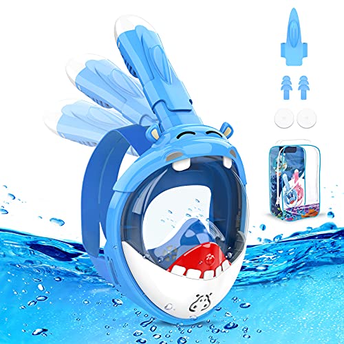 Mascara Buceo Niño, Diseño de Hipopótamo 180°Mascara Snorkel de Cara Completa Panorámica, Snorkel Niño de Anti-vaho y Anti-Fugas Plegable, Mascara de Buceo para Niños de 4 a 12 Años