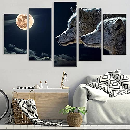 Wondbeau Poster E Stampe 150×80Cm White Wolf Moon Night 5 Piezas Impresiones Artísticas En Lienzo Cuadro De Pared Pintura Modular Decoración Del Hogar Decoración De Oficina 5 Paneles Yk