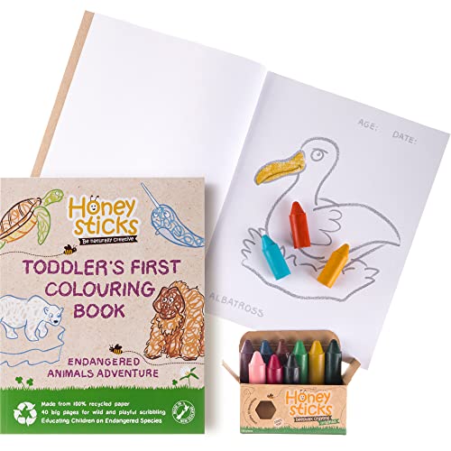 Honeysticks Lápices de cera de abeja 100% puras, naturales, no tóxicos, seguros para niños y niños, hechos a mano en Nueva Zelanda, para 1 año más libro de especies en peligro (12 unidades con libro)