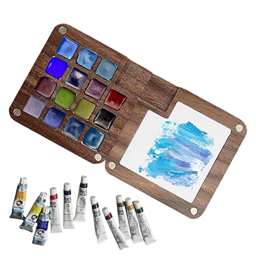 JINGLING Mini paleta de acuarela – Paleta portátil de cuaderno de bocetos 15 cuadrículas de madera de viaje acuarela dibujar, estuche de color de viaje, regalo para pintores y artistas