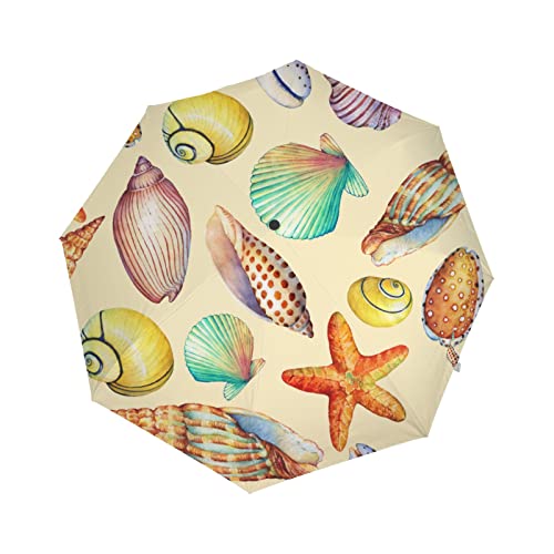 BALll - Paraguas plegable con cierre automático anti rayos UV, diseño de estrella de mar, acuarela de viaje, paraguas compacto portátil, Acuarela con estrella de mar