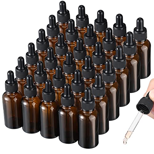 30 Frascos Cuentagotas de Ámbar de 30 ml Botella con Pipeta de Vidrio Botella Cristal de Muestra Pequeña Frasco de Pipeta Marrón para Líquido Difusor de Aceite Masaje Aceite de Fragancia