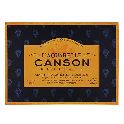 Canson Heritage, Papel de acuarela, Prensado en frío, 300g, Block pegado a 4 lados, 36x51cm, Blanco, 20 hojas