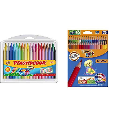 BIC Kids Plastidecor - Estuche de 36 unidades, ceras de surtidos - ideal para colorear y dibujar + Evolution ECOlutions Lápices para Colorear - Surtidos, Blíster de 36 unidades