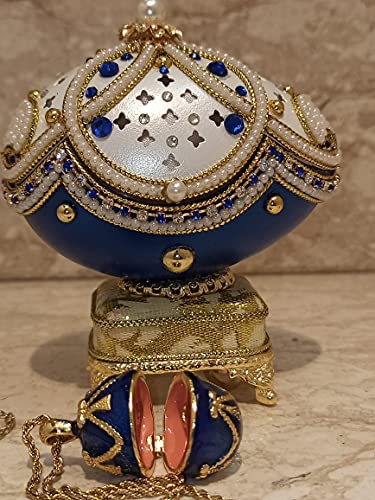 Arabian Night Sapphire Blue Trinket FABERGE Egg Jewelry box ONE ONLY Natural HANDCARVED Egg 5ct Sapphire Diamond Pearl present & Faberge Necklace ladies Birthday Anniversary DESIGNER Russian