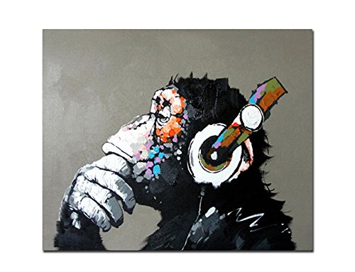 Fokenzary pintado a mano pintura lienzo Pop Art Cool Ape enmarcado listo para colgar fondo gris Size L 24x32in