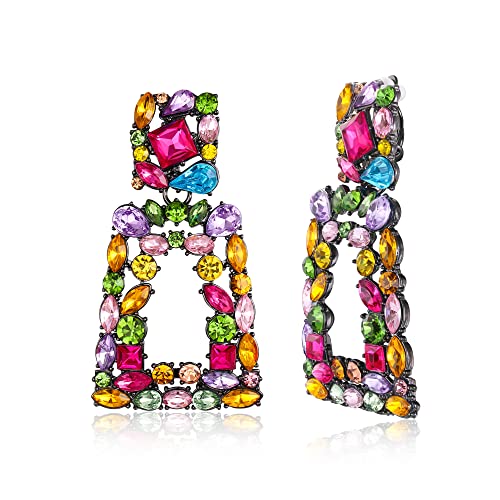 EVER FAITH Pendientes Mujer Rhinestone Cristal Colgantes Rectangulasres Aretes con Clip para Regalos Colorido Tono Negro