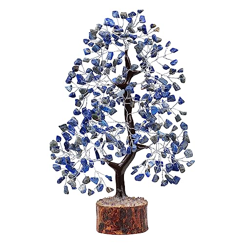 FASHIONZAADI Lapis Lazuli Gemstone Money Tree Natural Feng Shui Bonsai Healing Crystals Reiki Chakra Good Luck Table Décor Crystal Size 10-12 Inch (Silver Wire)