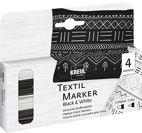 KREUL 92751 - Rotulador textil opaco negro y blanco, 2 medianas, 2 finas, para textiles de algodón, batista, lino, seda y tejido mixto hasta un máximo de 20% de contenido de fibra sintética