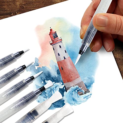 Stationery Island Pincel De Agua Pack De 6 Puntas Mixtas de Agua Water Brush Recargable con Deposito de Agua Rellenable para Pintura Artistica De Acuarela, Mezcla De Colores y Caligrafía