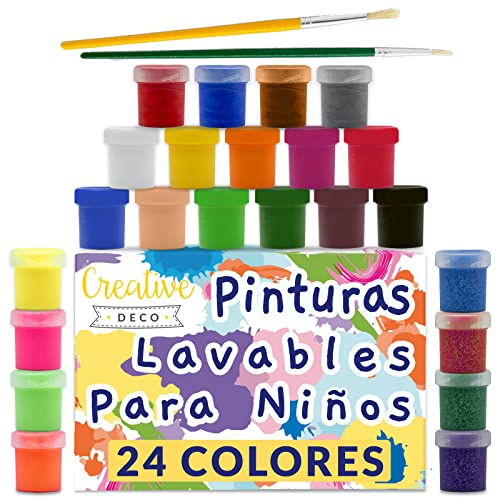 Creative DECO Temperas para Niños Lavable Pintura Dedos Bebes | 24 x 20 ml Botes | No Tóxica | Colores Básicos Fluorescentes Brillantes Metálicos y Neón | Perfecto para Principiantes y Artistas