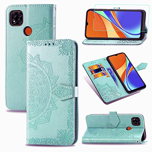 Abuenora Funda para Xiaomi Redmi 9C/Redmi 9C NFC + Protector de Pantalla Cristal Templado, Carcasa Libro con Tapa Flip Case Antigolpes Resistente PU Cuero Cover Dibujo Mandala Color Verde