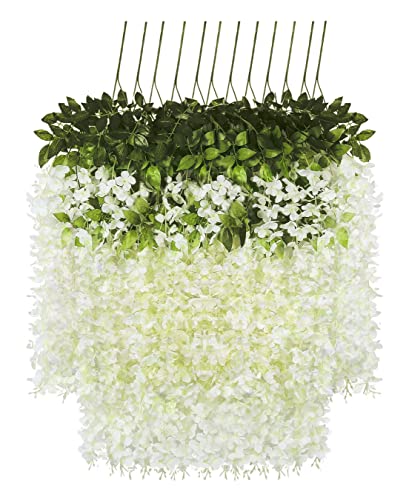 12 Piezas Flores Artificiales Glicina Flores Colgantes Falsas Seda Wisteria Plantas Artificial para Boda Hogar Oficina Fiesta Jardín Decoración White