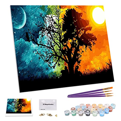 TAHEAT Kit de pintura de bricolaje por números para adultos principiantes, pintura de paisaje colorida por números sobre lienzo, pintura acrílica de 16 x 20 pulgadas, árbol de sol y luna sin marco
